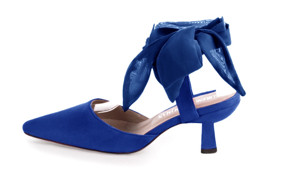 Electric blue women's open back shoes, with an ankle scarf. Tapered toe. Medium spool heels. Profile view - Florence KOOIJMAN